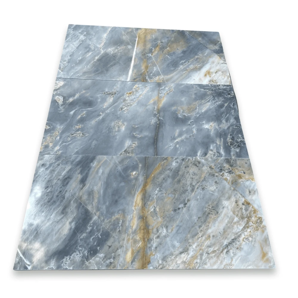 Tilehouz Royal Blue Marble 12x24 tile, 1/2 in, polished &amp; honed; blue-gray marble with gold veining (3-tile display)