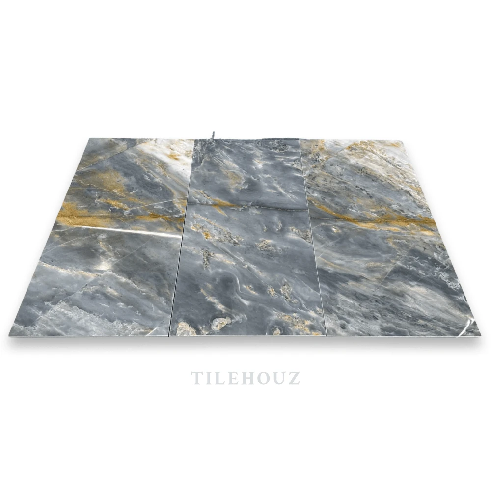 Royal Blue Marble 12x24 tile by Tilehouz, polished &amp; honed, blue-gray with gold veining.