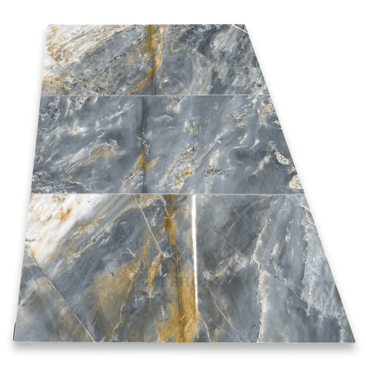 Royal Blue Marble 12x24 Tile by Tilehouz; blue-gray marble with gold veining, polished and honed wall tile.