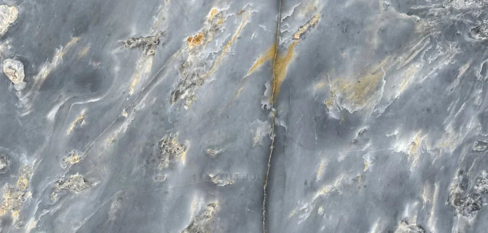 Royal Blue Marble 12x24 Tile, blue-gray marble with gold veining, polished and honed.