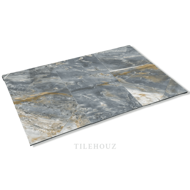 Royal Blue Marble 12x24 tile set (4 tiles) by Tilehouz; blue-gray marble with gold veining, polished &amp; honed, wall &amp; ceiling tile