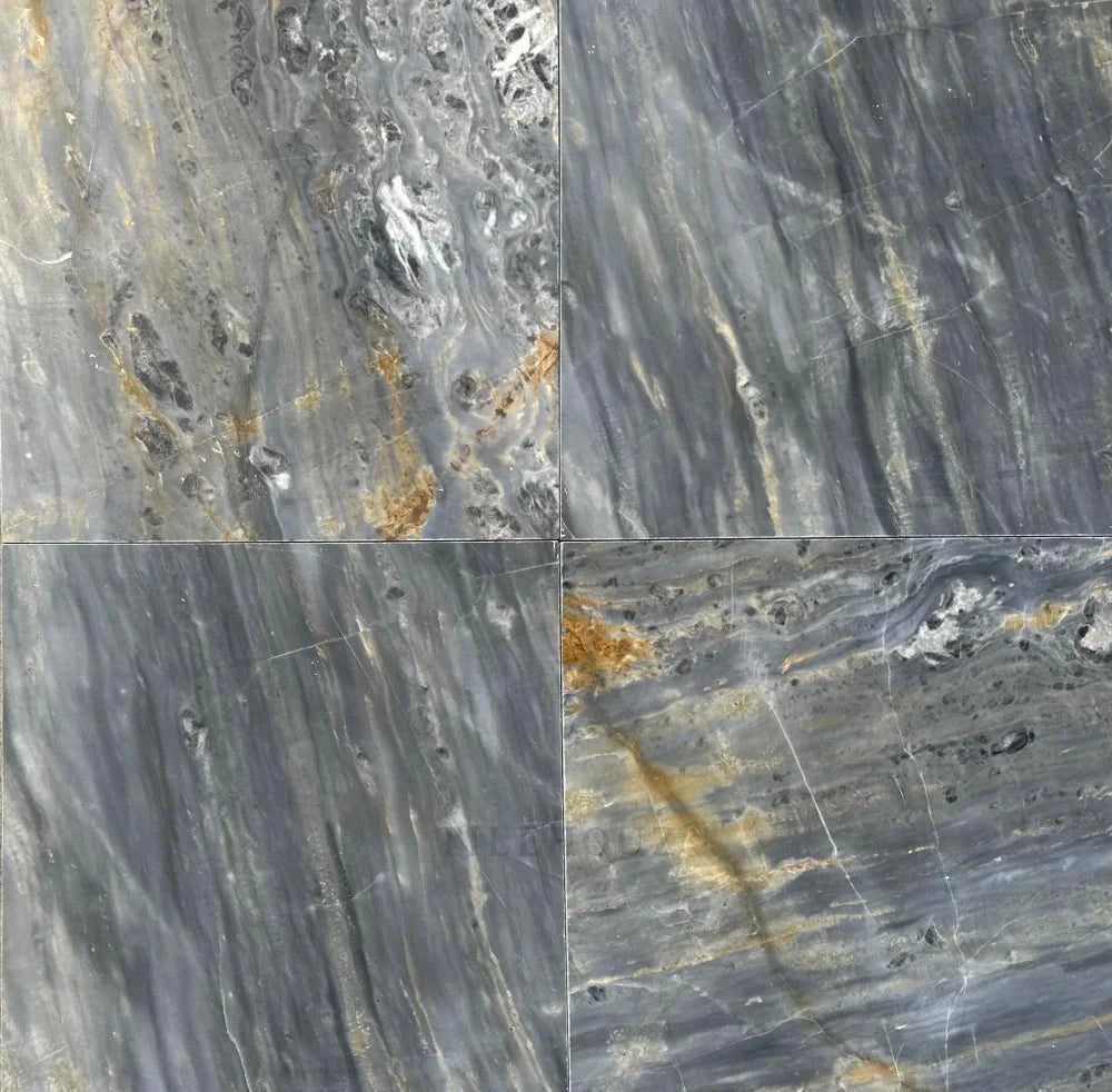 Royal Blue Marble 12x24 tiles by Tilehouz, polished and honed blue-gray marble with veining (4 tiles shown)