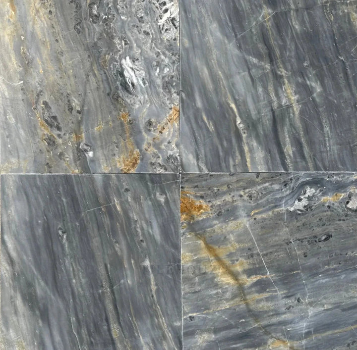 Royal Blue Marble 12x24 tiles by Tilehouz, polished and honed blue-gray marble with veining (4 tiles shown)