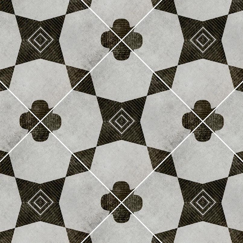 Zaria Sakura 8x8 encaustic-look porcelain tile by Tilehouz, gray-black geometric wall & ceiling tile