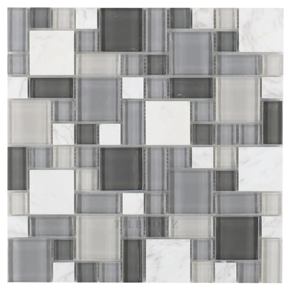 Sea 11.75 x 11.75 square Carrara marble and glass mosaic tile by Tilehouz in white/gray tones with varied sizes