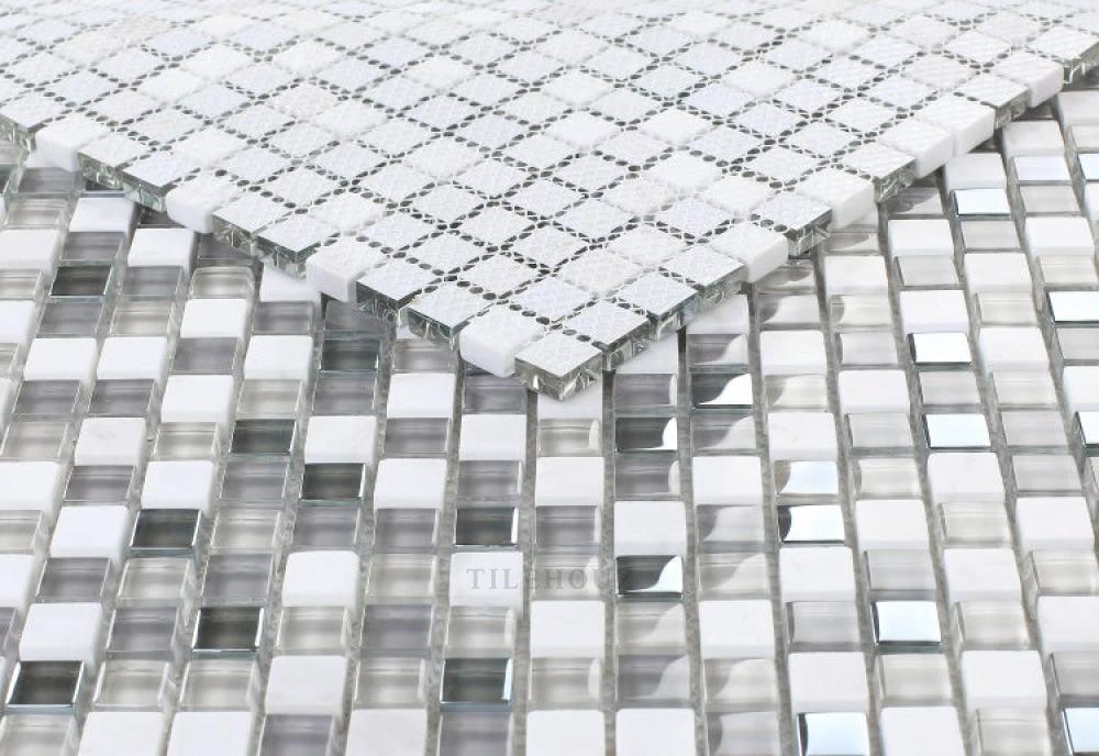 Sea Mini 12x12 square glass mosaic by Tilehouz, Milano Series 2/3x2/3, white-silver wall & ceiling tile