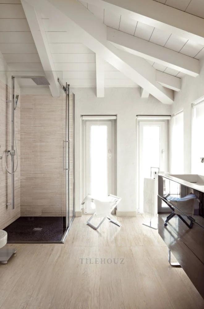 Selection Oak White 8x48 porcelain tiles on bathroom floor by Tilehouz