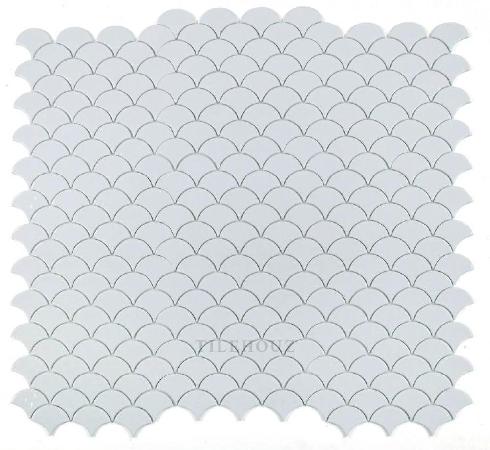 Tilehouz Snowglass Scale Ripple glass mosaic tile sheet, white scallop scales, 11.5 x 12 in.