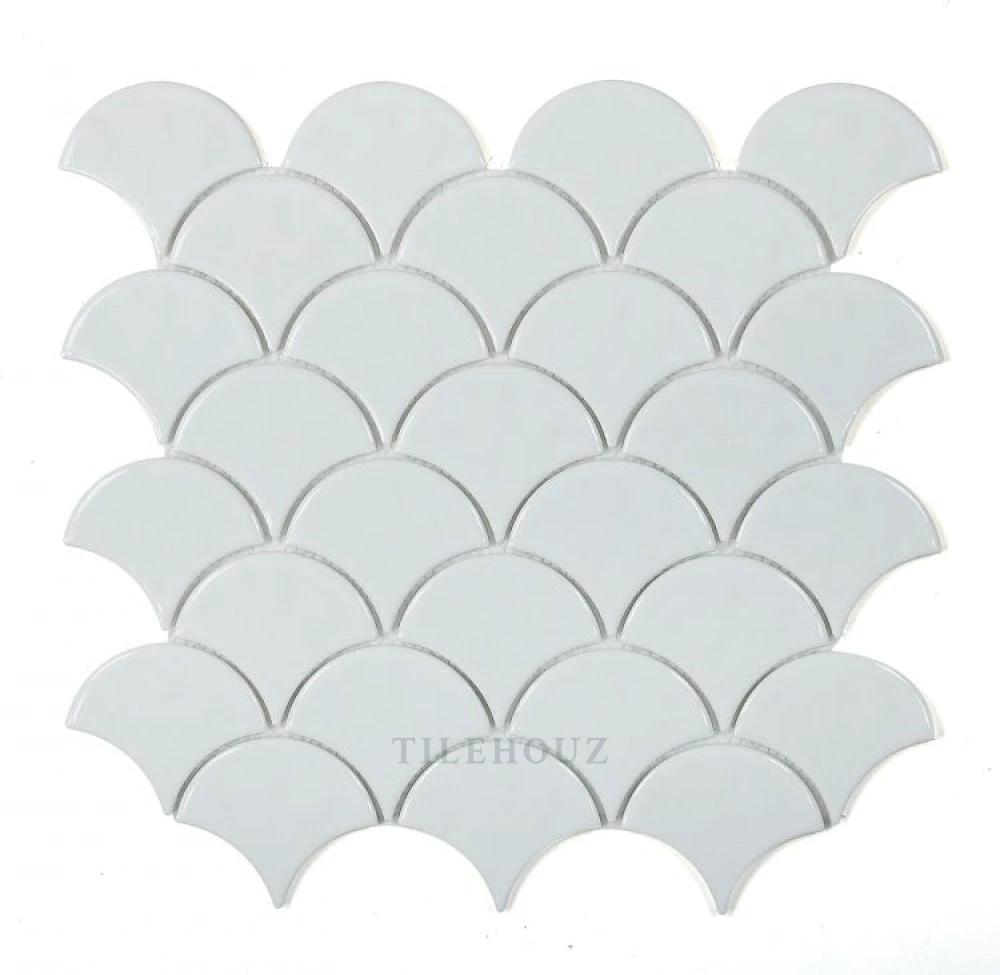 Snowglass scale ripple polished glass mosaic by Tilehouz, 11.5 x 12 in, white fish-scale pattern