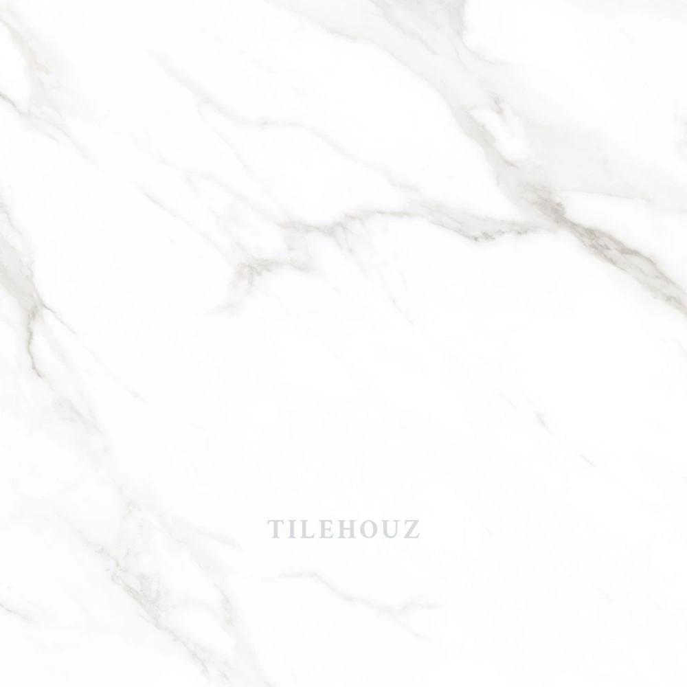 Statuario Mercury polished porcelain tile 24x24 in white with grey veining by Tilehouz