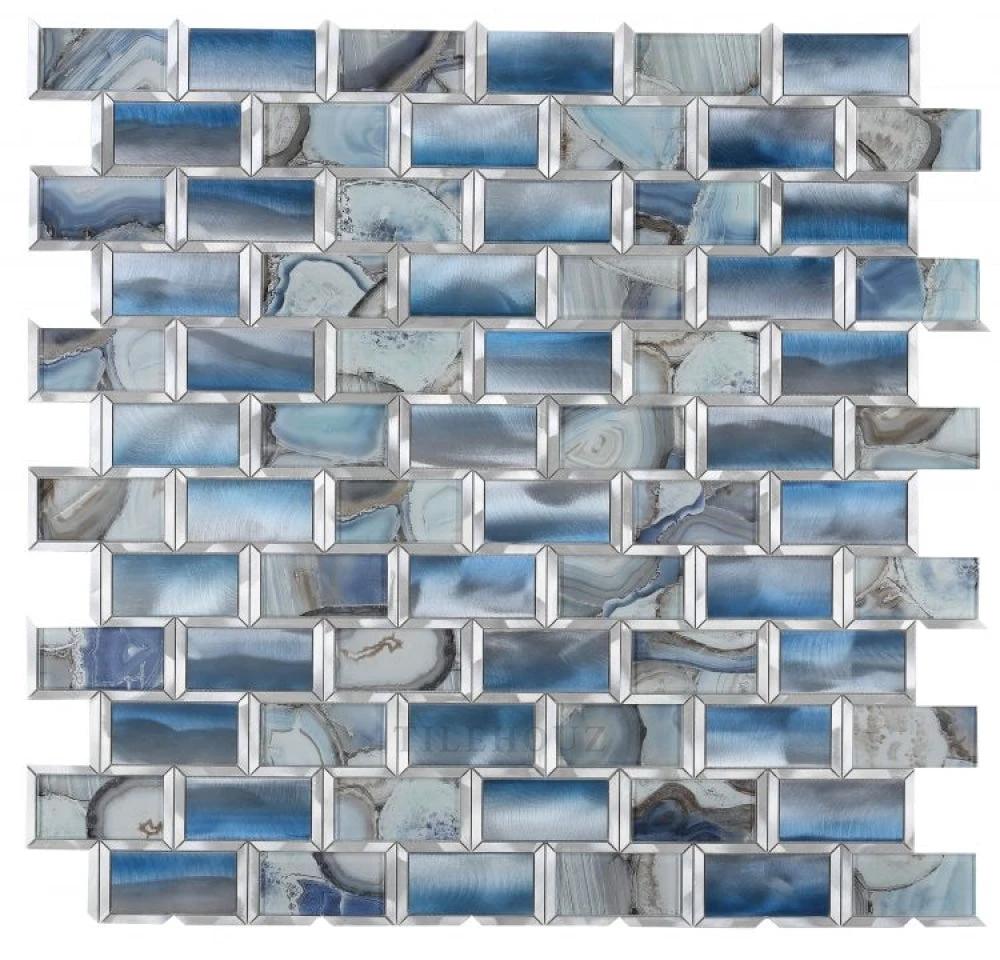 Glass mosaic Subway Shell Blue 12 x 12 tile with blue marbled glass bricks.