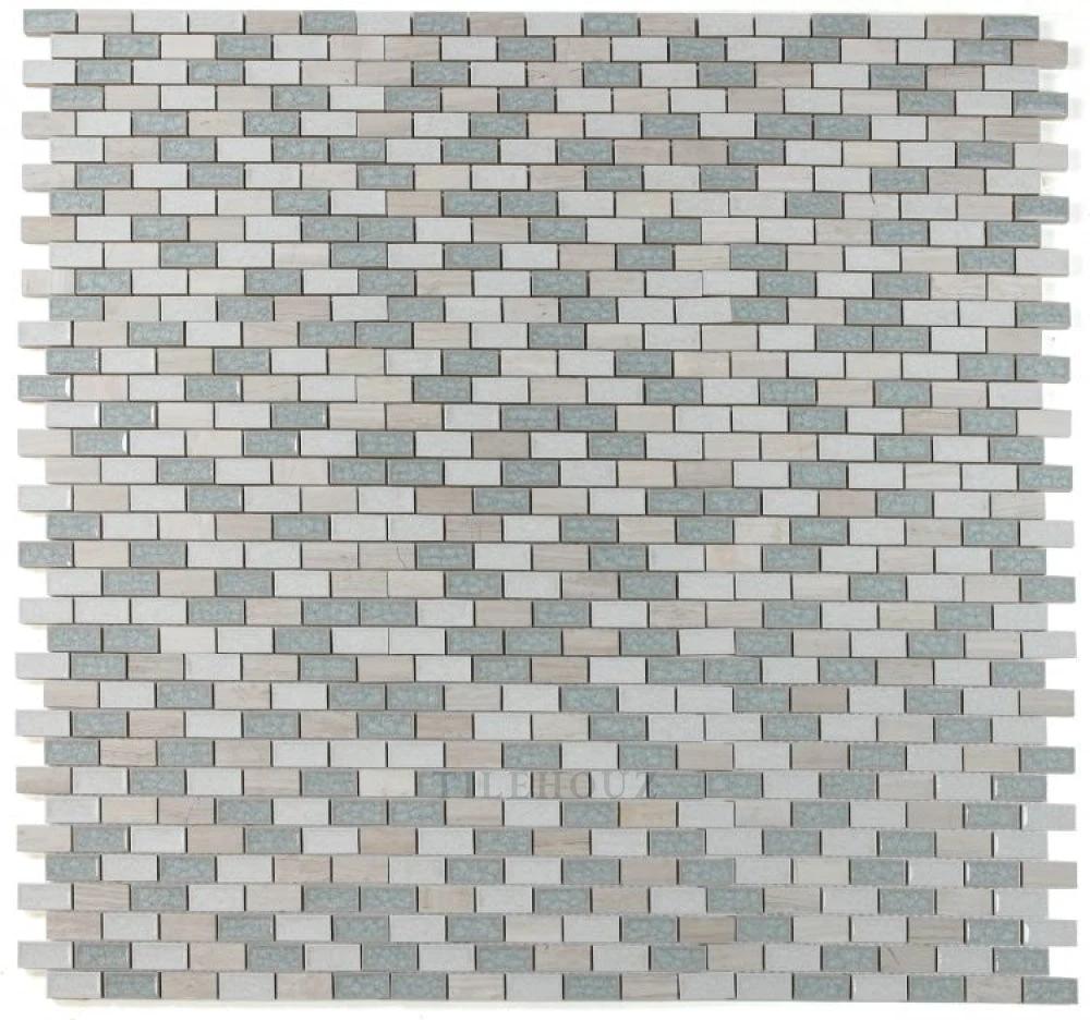 Crackle glass mosaic tile sheet Swiss Blue Brick by Tilehouz; 11.75 x 11.75 in; white, ivory, and blue-gray pattern.