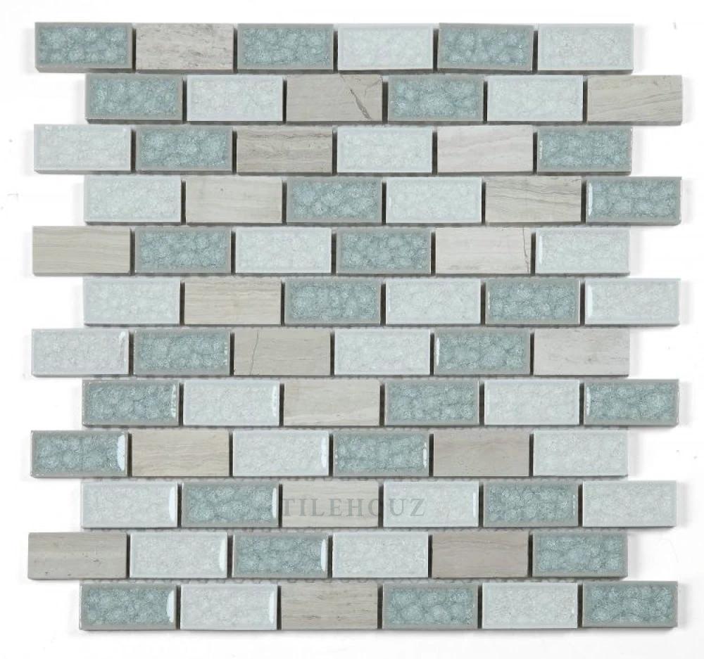 Swiss Blue Brick crackle glass mosaic tile sheet by Tilehouz; blue-gray brick pattern, 11.75 x 11.75 in.