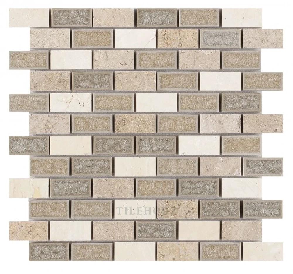 Swiss Brick crackle glass mosaic tile sheet by Tilehouz, multi-color beige/cream, 11.75 x 11.75 in