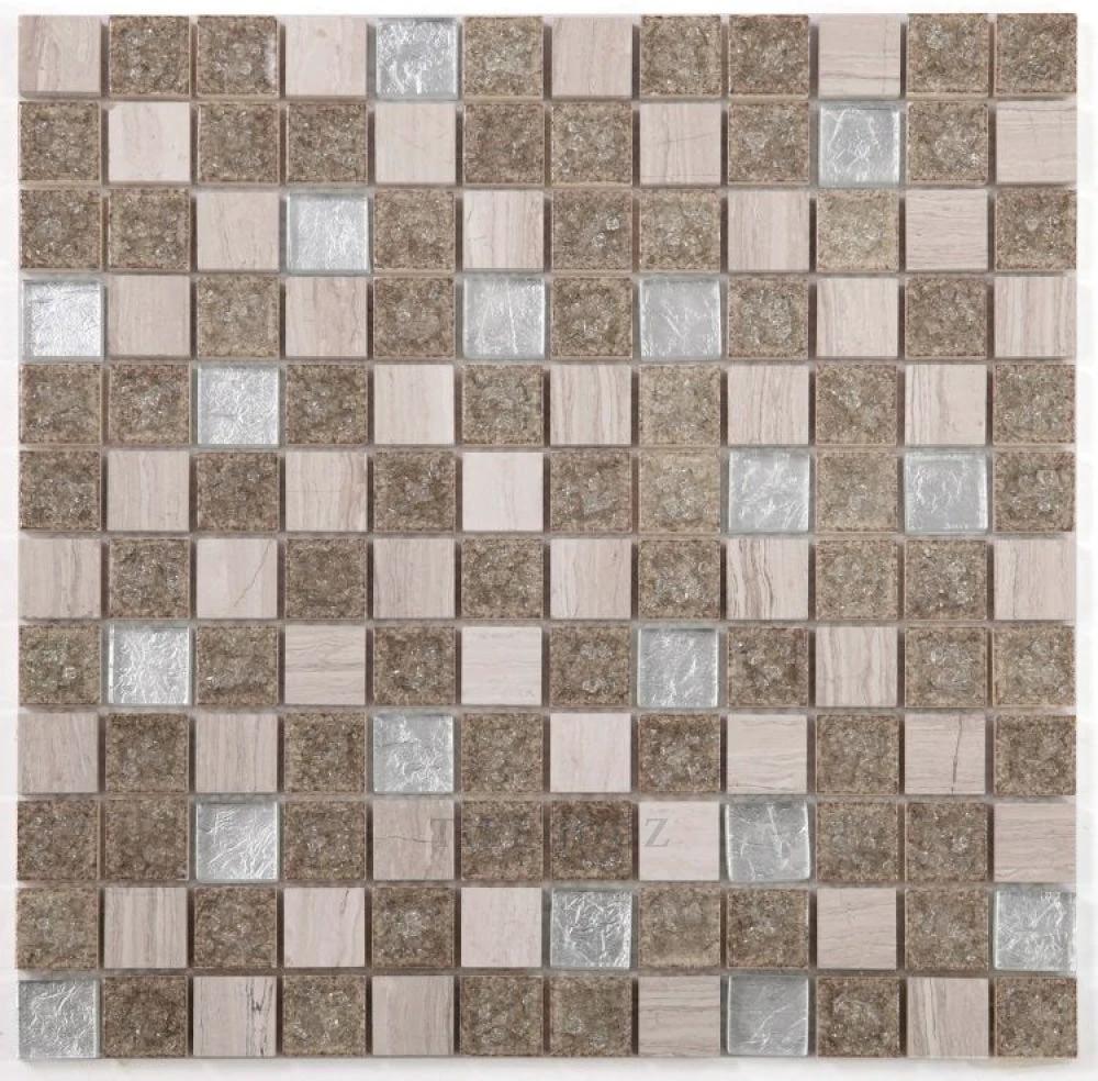 Swiss Grey New 11.75x11.75 square glass mosaic tile with beige stone and silver glass squares by Tilehouz