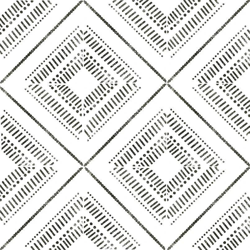 Porcelain tile Zaria Tessa 8x8 encaustic-look pattern in black and white for wall & ceiling, Tilehouz.