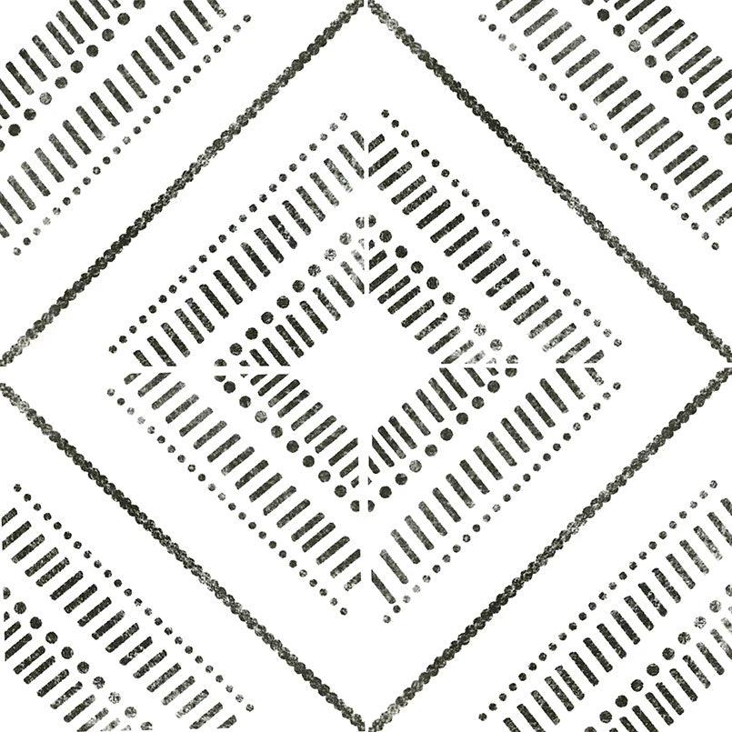 Zaria Tessa 8x8 encaustic-look porcelain tile with black geometric diamond motif by Tilehouz