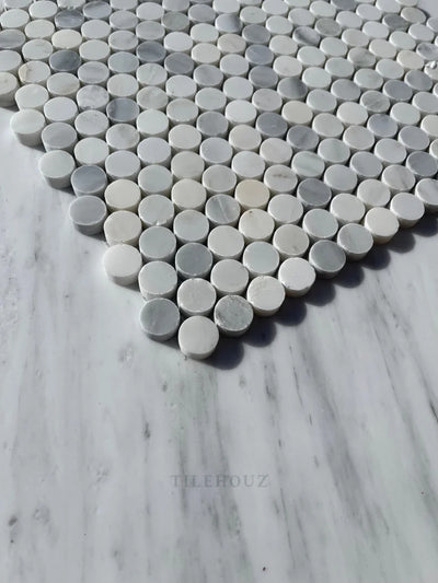Thassos + Carrara Asian Statuary Bardiglio (Blue-Gray)Marble Penny Mosaic Tile Polished&Honed Marble