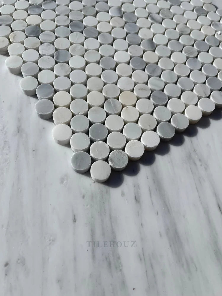 Thassos + Carrara Asian Statuary Bardiglio (Blue-Gray)Marble Penny Mosaic Tile Polished&Honed Marble