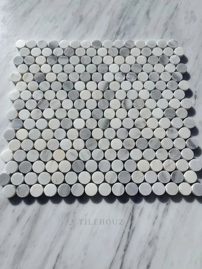 Thassos + Carrara Asian Statuary Bardiglio (Blue-Gray)Marble Penny Mosaic Tile Polished&Honed Marble
