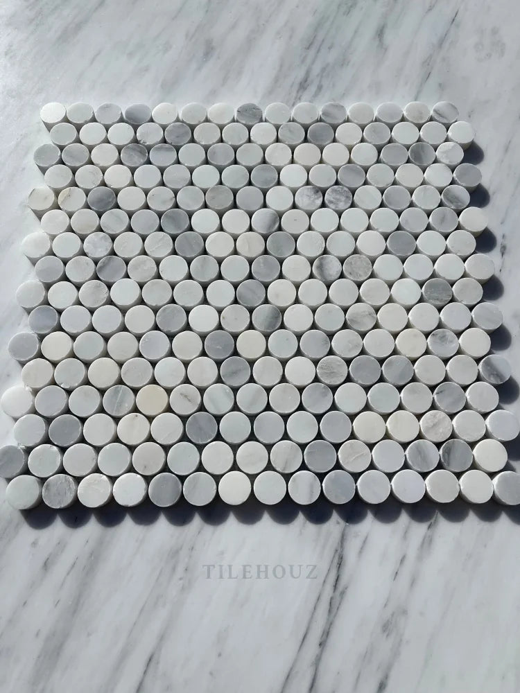 Thassos + Carrara Asian Statuary Bardiglio (Blue-Gray)Marble Penny Mosaic Tile Polished&Honed Marble