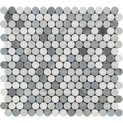 Thassos White Carrara Marble Penny Round Mosaic Tile (Carrara + Bardiglio/blue-Gray) Polished&honed
