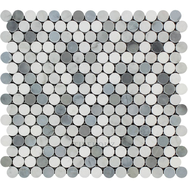Thassos White Carrara Marble Penny Round Mosaic Tile (Carrara + Bardiglio/blue-Gray) Polished&honed