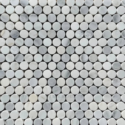 Thassos + Carrara Asian Statuary Bardiglio (Blue-Gray)Marble Penny Mosaic Tile Polished&Honed Marble