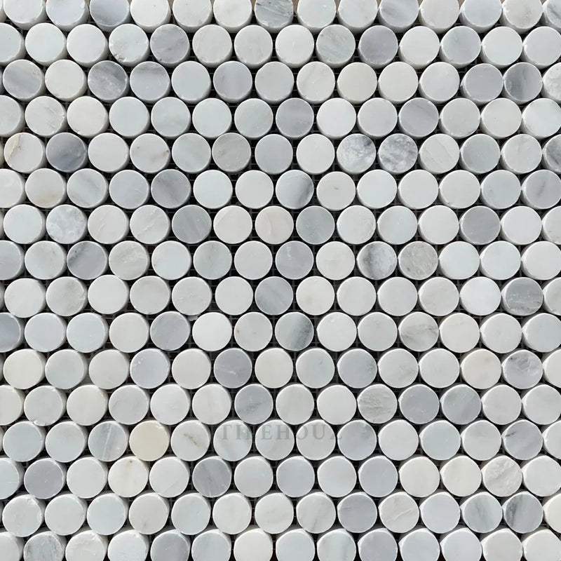 Thassos + Carrara Asian Statuary Bardiglio (Blue-Gray)Marble Penny Mosaic Tile Polished&Honed Marble
