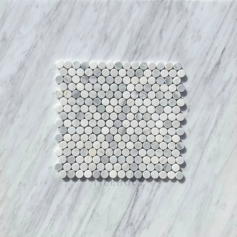 Tilehouz marble penny mosaic tile sheet in white/gray Thassos, Carrara, Asian Statuary, Bardiglio mix; polished & honed