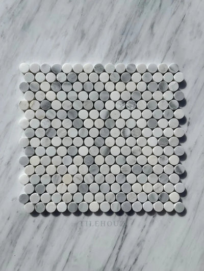 Thassos + Carrara Asian Statuary Bardiglio (Blue-Gray)Marble Penny Mosaic Tile Polished&Honed Marble