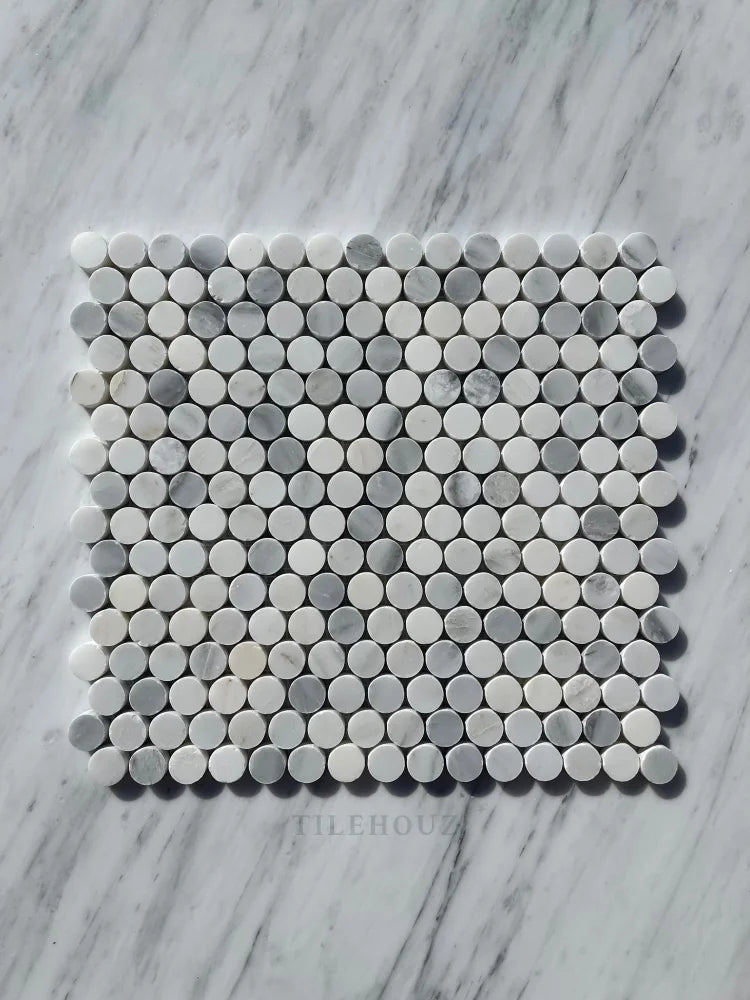 Thassos + Carrara Asian Statuary Bardiglio (Blue-Gray)Marble Penny Mosaic Tile Polished&Honed Marble