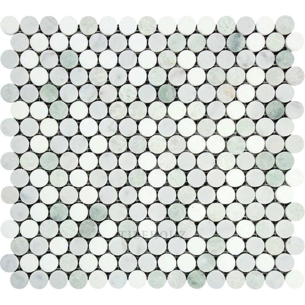 Marble penny mosaic tile sheet; Thassos, Carrara, Asian Statuary & Ming Green hues; polished & honed.