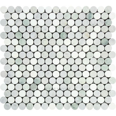 Thassos White Carrara Marble Penny Round Mosaic Tile (Carrara + Ming Green) Polished&honed Tiles