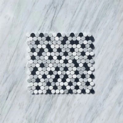 Thassos + Carrara Asian Statuary Nero Marquina (Black) Marble Penny Mosaic Tile Polished&Honed