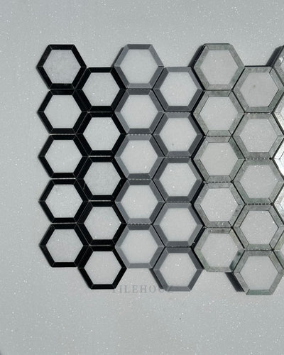 Thassos White Marble 2.5X2.5 Vortex Hexagon Mosaic W/Bardiglio (Blue-Gray)Marble Border