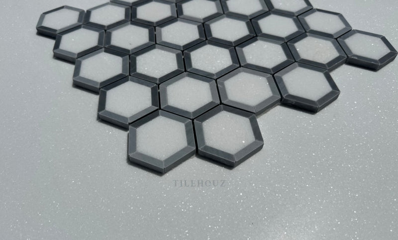 Thassos White Marble 2.5X2.5 Vortex Hexagon Mosaic W/Bardiglio (Blue-Gray)Marble Border