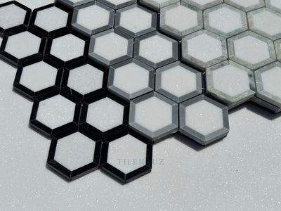 Thassos White Marble 2.5X2.5 Vortex Hexagon Mosaic W/Bardiglio (Blue-Gray)Marble Border