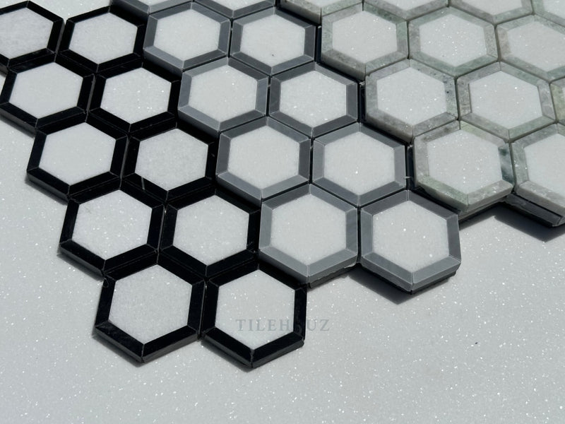 Thassos White Marble 2.5X2.5 Vortex Hexagon Mosaic W/Bardiglio (Blue-Gray)Marble Border