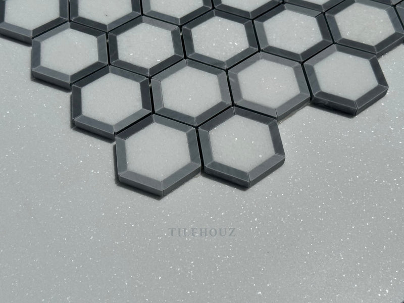 Thassos White Marble 2.5X2.5 Vortex Hexagon Mosaic W/Bardiglio (Blue-Gray)Marble Border