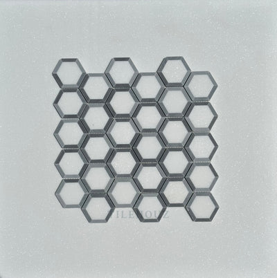Thassos White Marble 2.5X2.5 Vortex Hexagon Mosaic W/Bardiglio (Blue-Gray)Marble Border