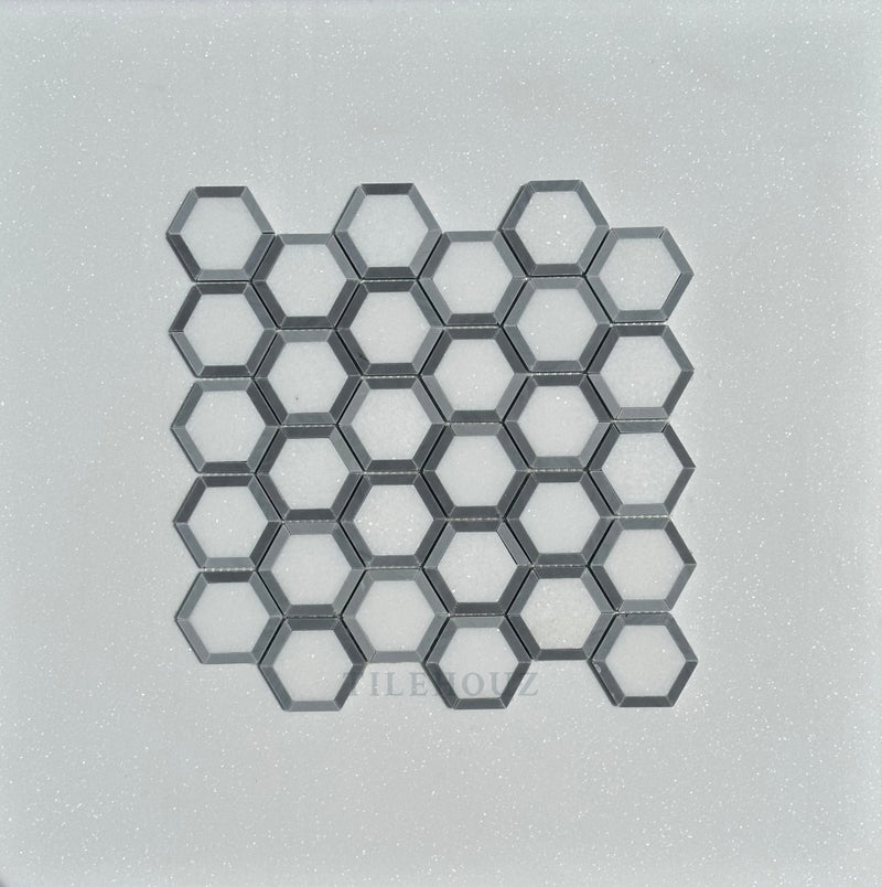 Thassos White Marble 2.5X2.5 Vortex Hexagon Mosaic W/Bardiglio (Blue-Gray)Marble Border