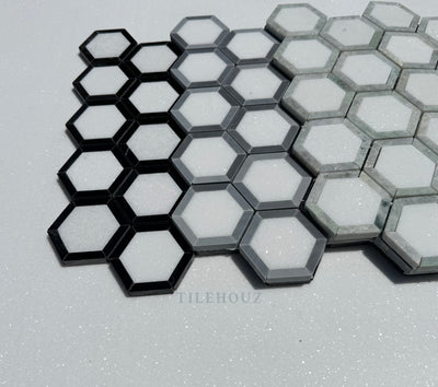 Thassos White Marble 2.5X2.5 Vortex Hexagon Mosaic W/Bardiglio (Blue-Gray)Marble Border