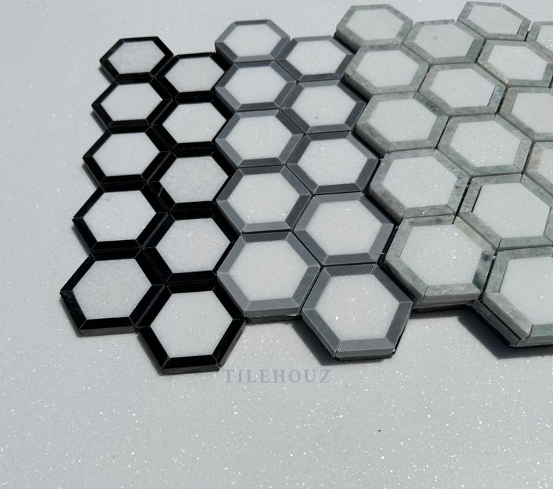 Thassos White Marble 2.5X2.5 Vortex Hexagon Mosaic W/Bardiglio (Blue-Gray)Marble Border
