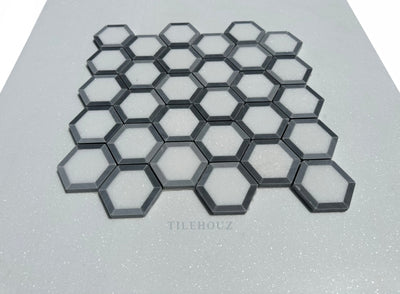 Thassos White Marble 2.5X2.5 Vortex Hexagon Mosaic W/Bardiglio (Blue-Gray)Marble Border