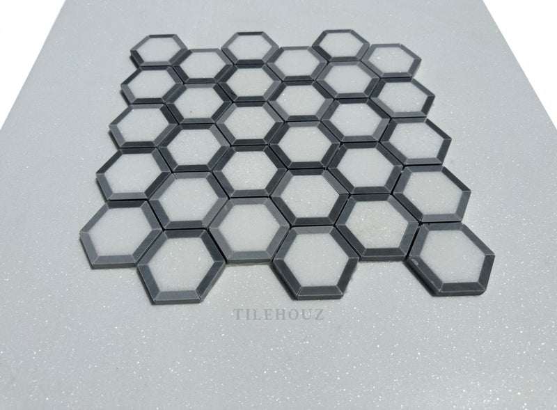 Thassos White Marble 2.5X2.5 Vortex Hexagon Mosaic W/Bardiglio (Blue-Gray)Marble Border
