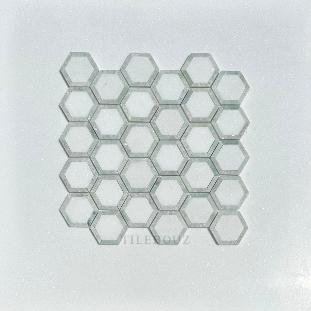 Thassos White Marble vortex hexagon mosaic with Ming Green border polished honed for wall and ceiling tile by Tilehouz