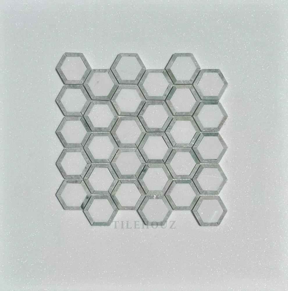 Thassos white marble vortex hexagon mosaic sheet 2.5x2.5 tiles, Tilehouz
