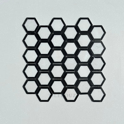 Thassos White Marble 2.5X2.5 Vortex Hexagon Mosaic W/Nero Marquina (Black) Border Polished&Honed