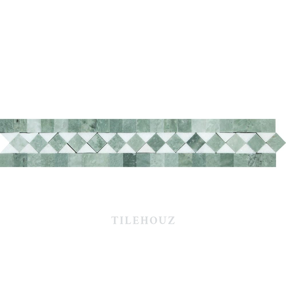 Thassos white marble bias border 2x12 mosaic with Ming Green dots, polished and honed, Tilehouz